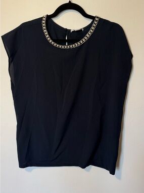 Dalia Collection Women's Navy Blouse Pearl Neck EUC Size XL